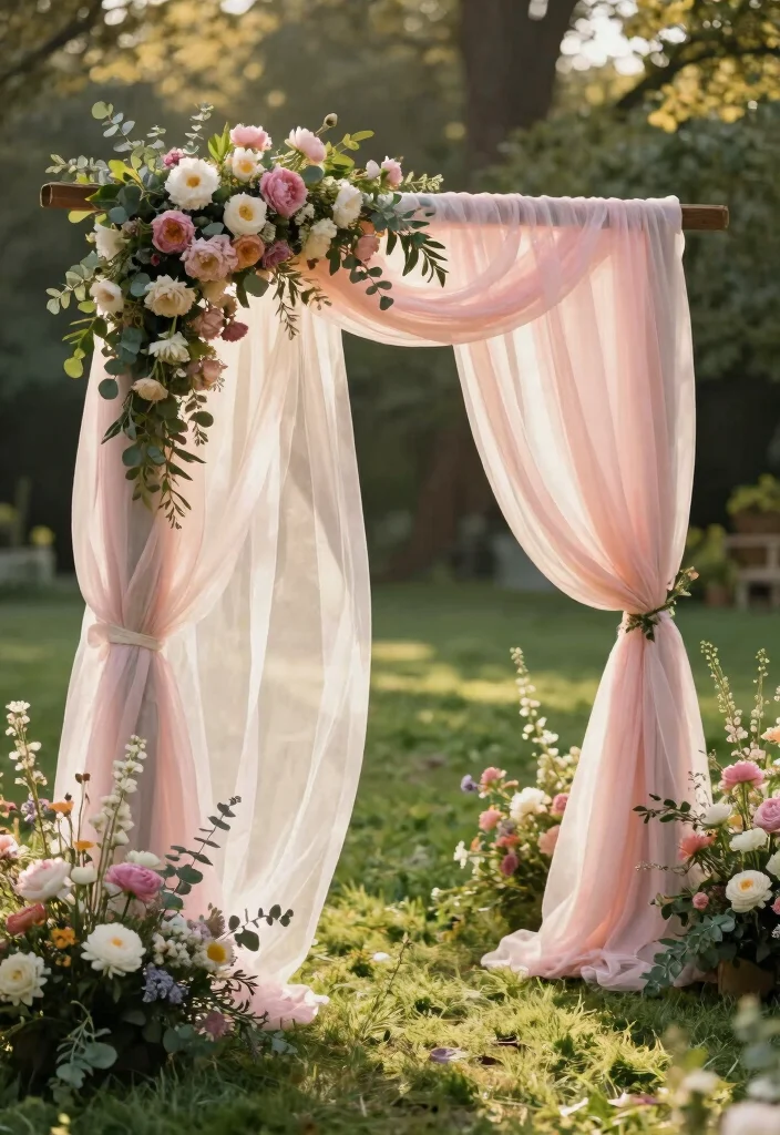14 Draped Wedding Arch Ideas With Soft Flowing Fabric 1 14 Draped Wedding Arch Ideas With Soft Flowing Fabric - 1. The Classic Chiffon Dream 1