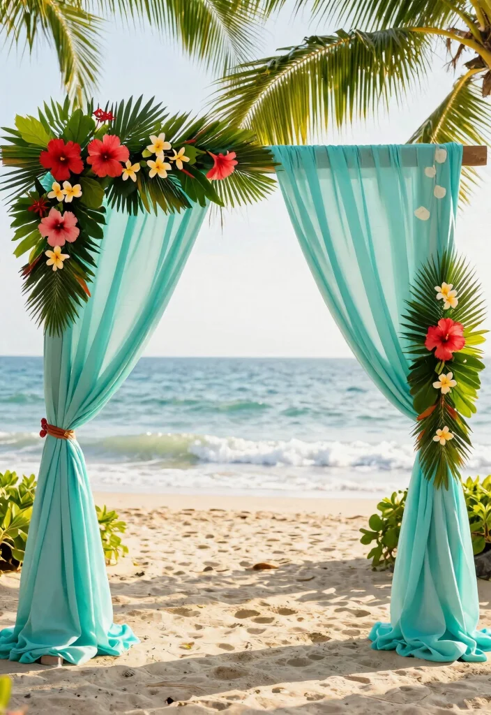 14 Draped Wedding Arch Ideas With Soft Flowing Fabric 51 14 Draped Wedding Arch Ideas With Soft Flowing Fabric - 11. Tropical Paradise 1