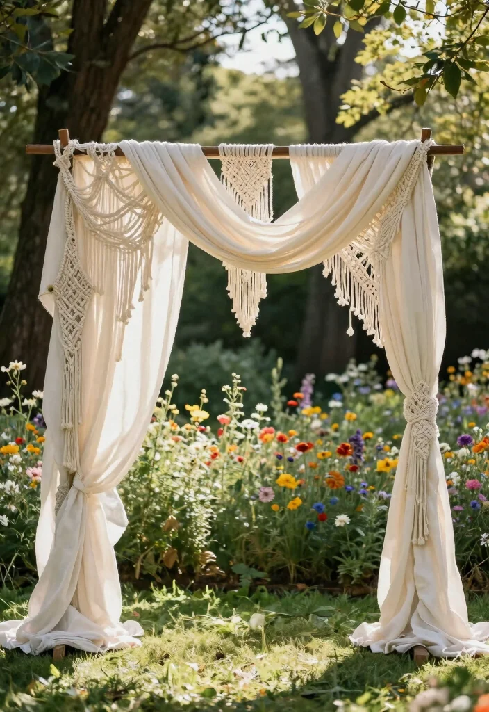 14 Draped Wedding Arch Ideas With Soft Flowing Fabric 2 14 Draped Wedding Arch Ideas With Soft Flowing Fabric - 2. Bohemian Macramé and Fabric Fusion 1