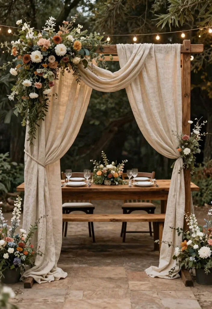 14 Draped Wedding Arch Ideas With Soft Flowing Fabric 3 14 Draped Wedding Arch Ideas With Soft Flowing Fabric - 3. Rustic Linen Chic 1