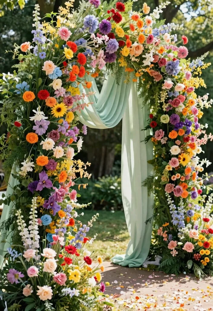 14 Draped Wedding Arch Ideas With Soft Flowing Fabric 25 14 Draped Wedding Arch Ideas With Soft Flowing Fabric - 5. Whimsical Floral Overload 1