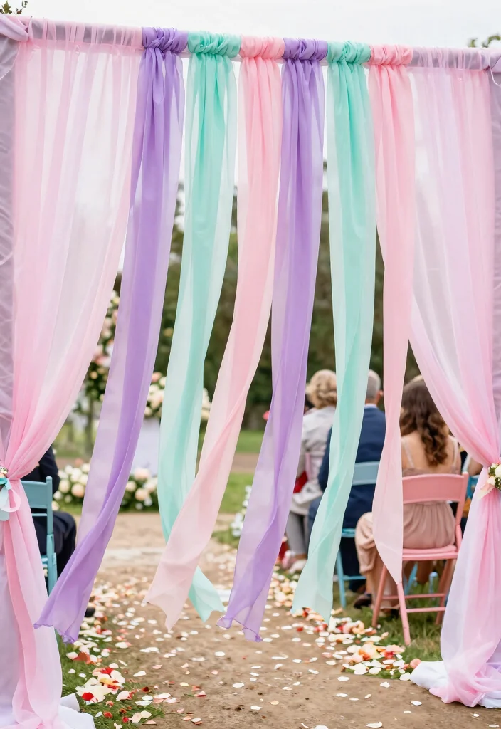 14 Draped Wedding Arch Ideas With Soft Flowing Fabric 47 14 Draped Wedding Arch Ideas With Soft Flowing Fabric - 7. Fun and Flirty Ribbons 1