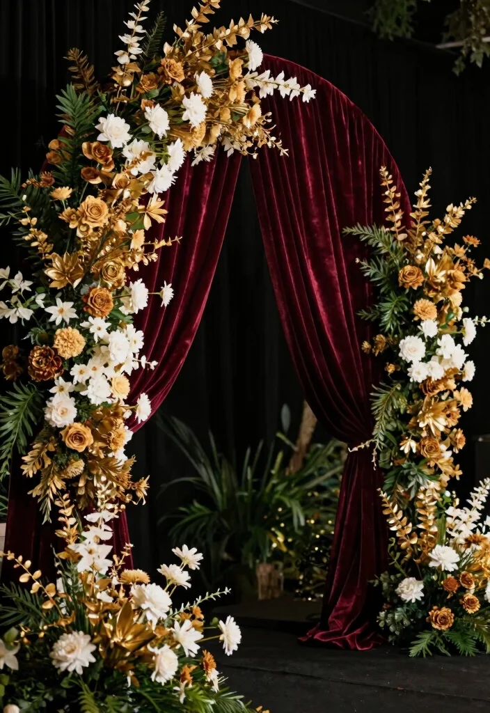 14 Draped Wedding Arch Ideas With Soft Flowing Fabric 48 14 Draped Wedding Arch Ideas With Soft Flowing Fabric - 8. Dramatic Velvet Affair 1
