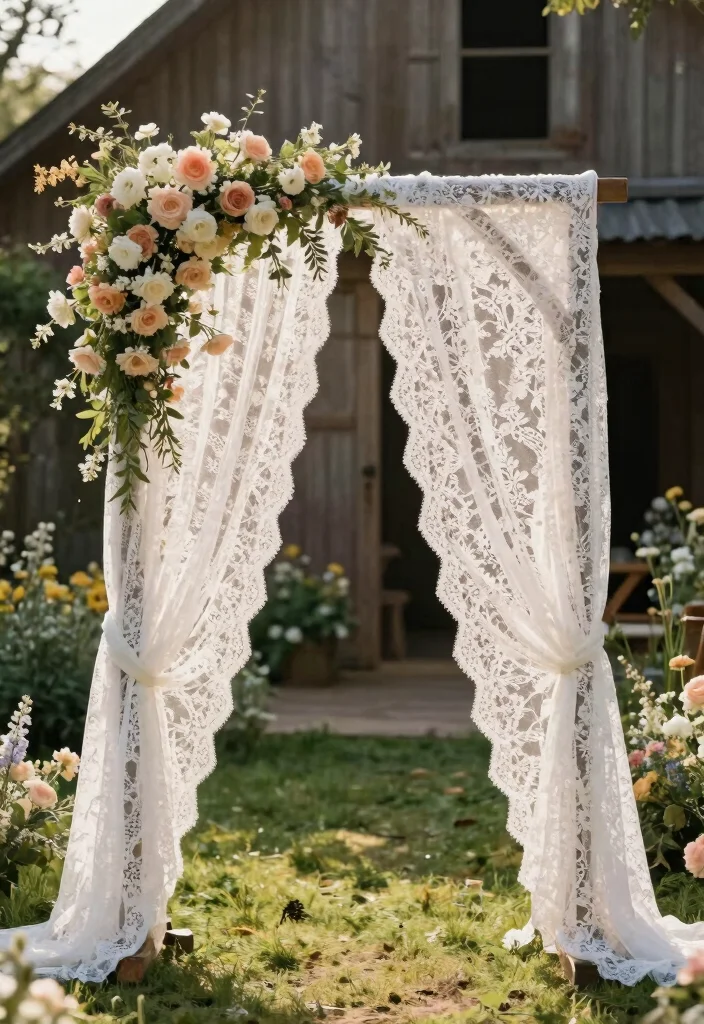 14 Draped Wedding Arch Ideas With Soft Flowing Fabric 49 14 Draped Wedding Arch Ideas With Soft Flowing Fabric - 9. Vintage Lace Elegance 1
