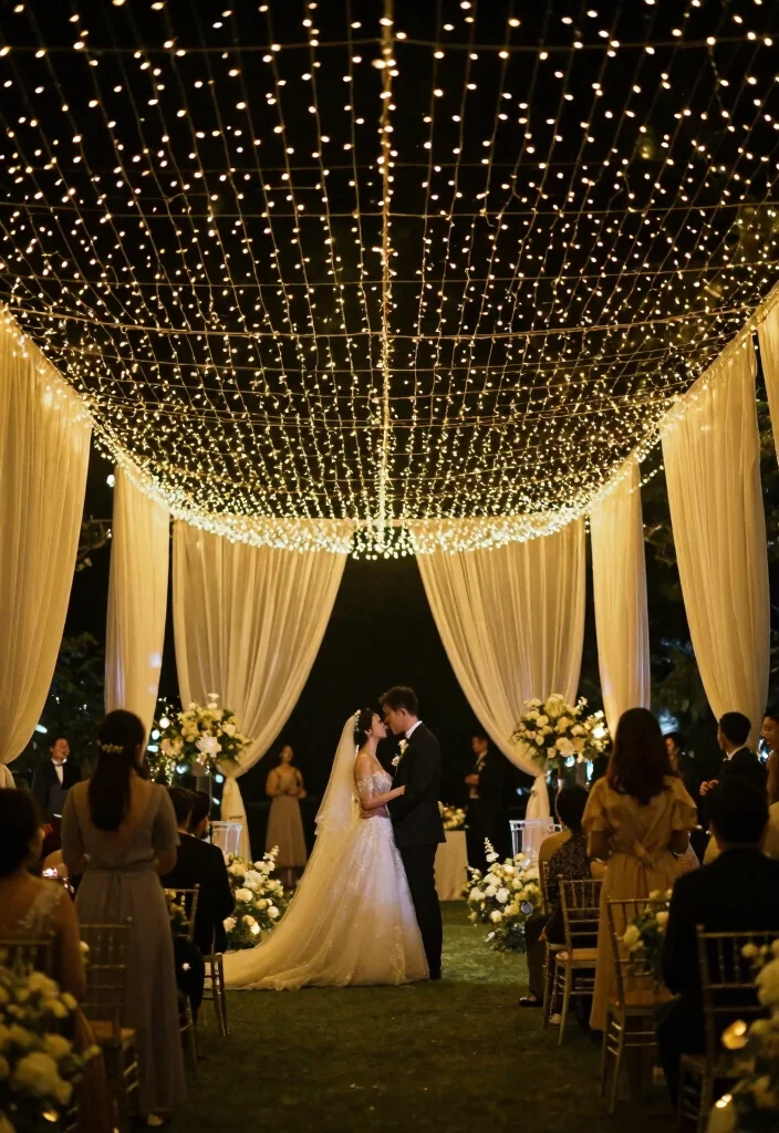 14 Simple Stage Decorations Wedding Backdrop Ideas That Shine - 10. Fairy Light Canopy 1