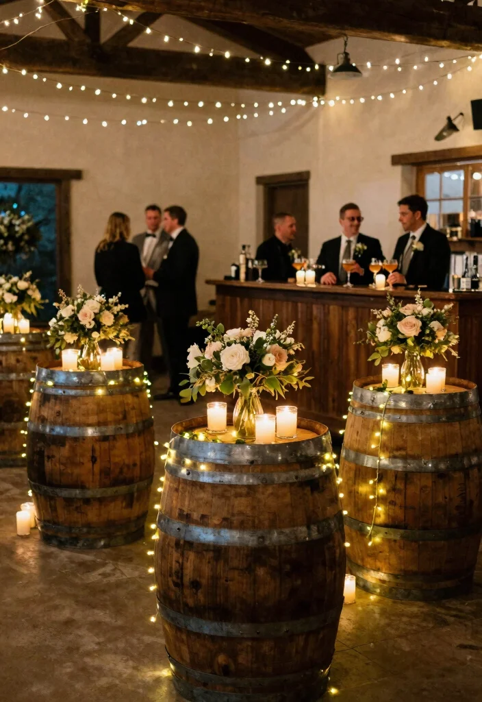 14 Simple Stage Decorations Wedding Backdrop Ideas That Shine - 13. Wine Barrel and Glass Display 1