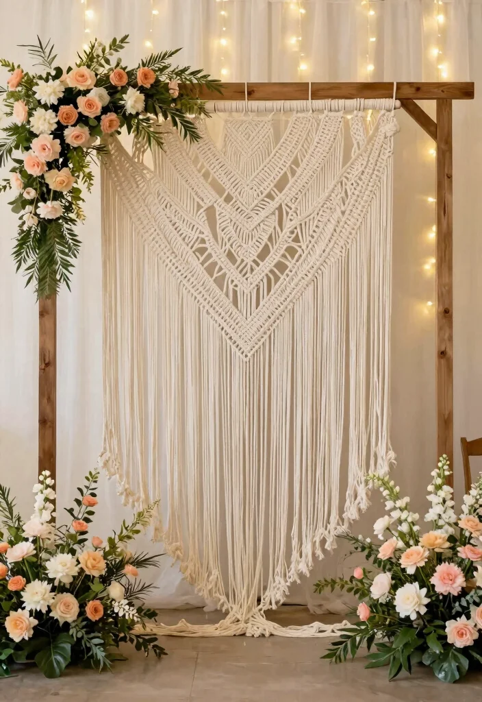 14 Simple Stage Decorations Wedding Backdrop Ideas That Shine - 5. Macramé Wall Hanging 1