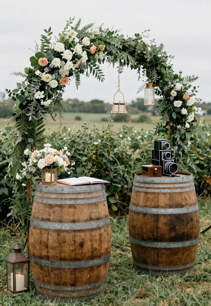 14 Simple Stage Decorations Wedding Backdrop Ideas That Shine - 6. Rustic Barrel Display 1