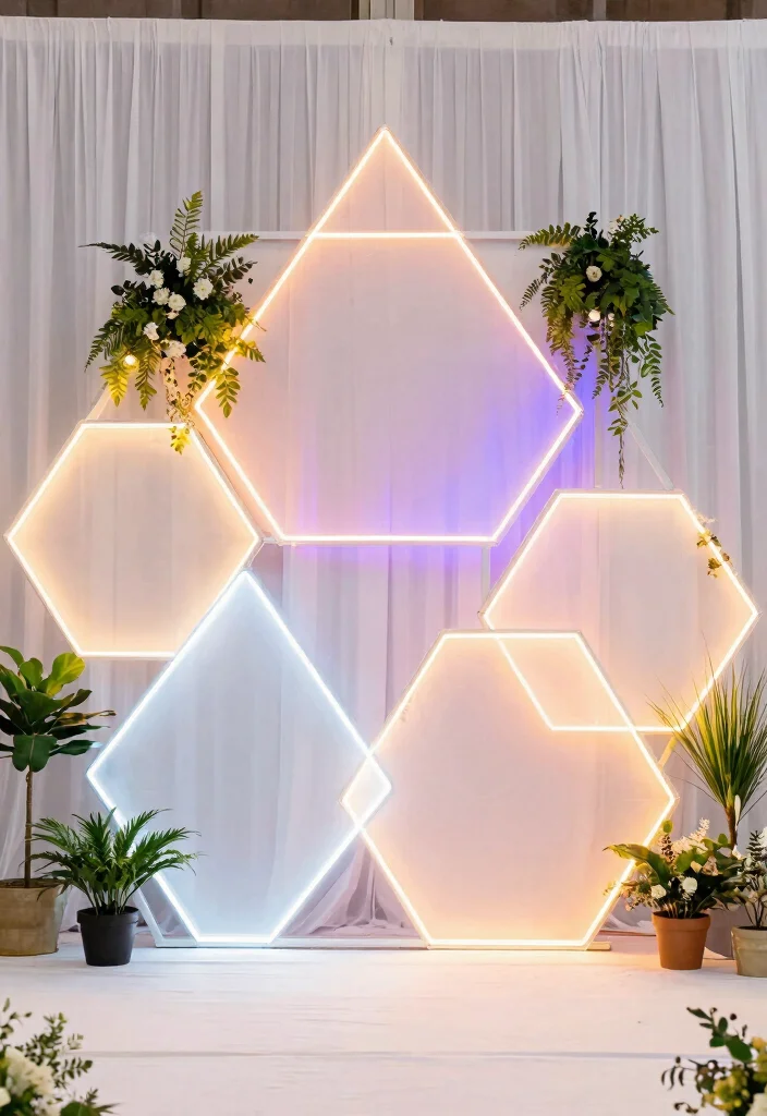 15 Neon Sign Wedding Backdrop Ideas With Modern Glow 5 15 Neon Sign Wedding Backdrop Ideas With Modern Glow - 5. Geometric Neon Designs 1