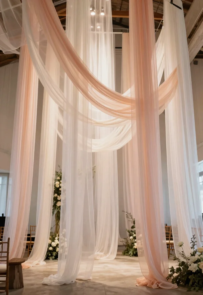 15 Wedding Backdrop Indoor Ideas That Transform Any Venue - 11. Ethereal Hanging Fabrics 1