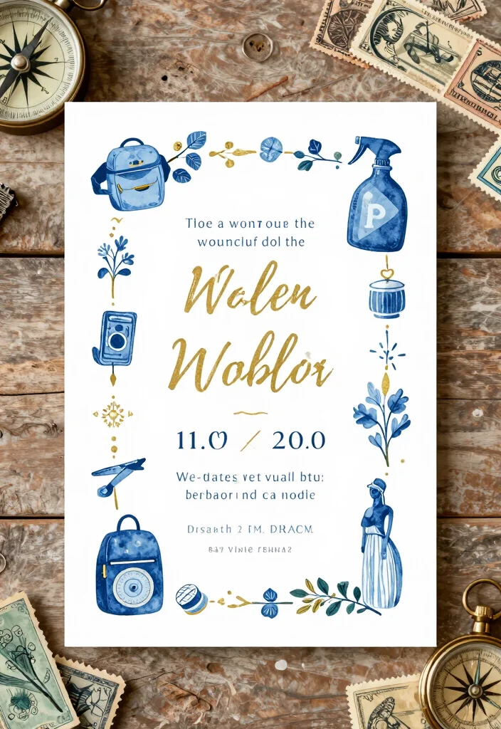 16 Blue and Gold Wedding Invitations Ideas With Regal Charm - 10. Vintage Postcard Style 1