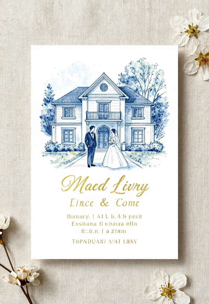 16 Blue and Gold Wedding Invitations Ideas With Regal Charm - 11. Custom Illustrations with Gold Foil 1