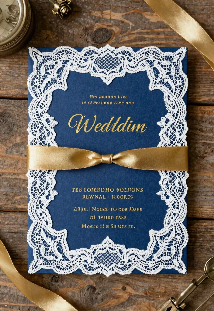 16 Blue and Gold Wedding Invitations Ideas With Regal Charm - 6. Vintage Lace and Gold Details 1