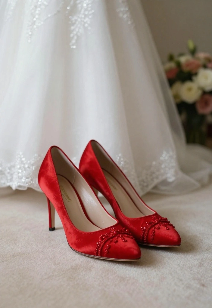 16 Red Backdrop Wedding Ideas With Bold Elegance 51 16 Red Backdrop Wedding Ideas With Bold Elegance - 11. Red Accent Shoes for Brides 1