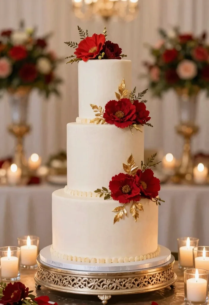 16 Red Backdrop Wedding Ideas With Bold Elegance 28 16 Red Backdrop Wedding Ideas With Bold Elegance - 8. Red-Accented Wedding Cake 1
