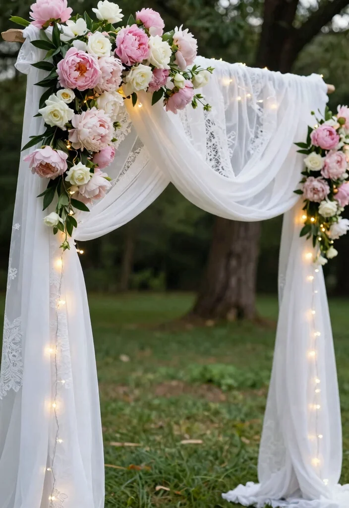 16 Wedding Arch White Ideas With Timeless Charm 1 16 Wedding Arch White Ideas With Timeless Charm - 1. Rustic Elegance with Draped Fabric 1