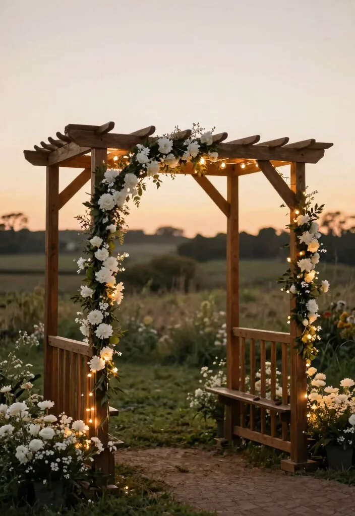 16 Wedding Arch White Ideas With Timeless Charm 29 16 Wedding Arch White Ideas With Timeless Charm - 9. Wooden Arbor with String Lights 1