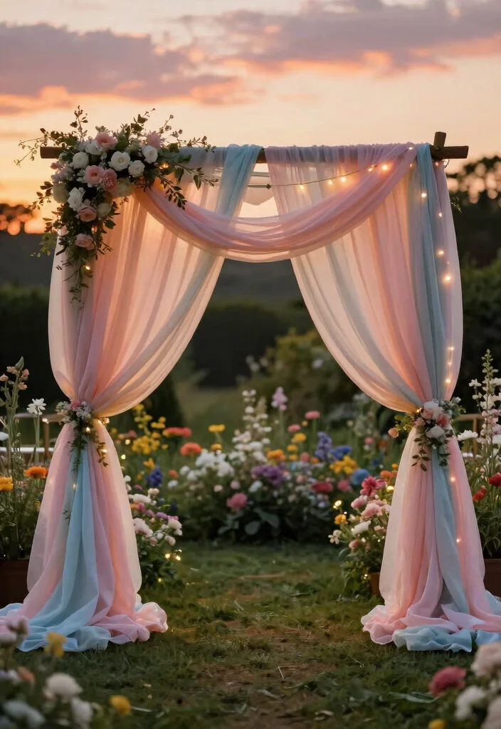 17 Colorful Wedding Arch Ideas That Pop Beautifully 14 17 Colorful Wedding Arch Ideas That Pop Beautifully - 4. Ethereal Fabric Drapery 1