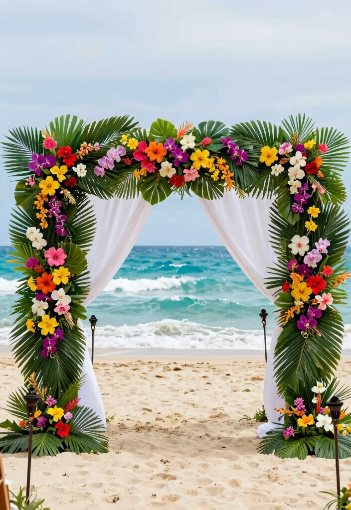 17 Colorful Wedding Arch Ideas That Pop Beautifully 15 17 Colorful Wedding Arch Ideas That Pop Beautifully - 5. Tropical Paradise 1