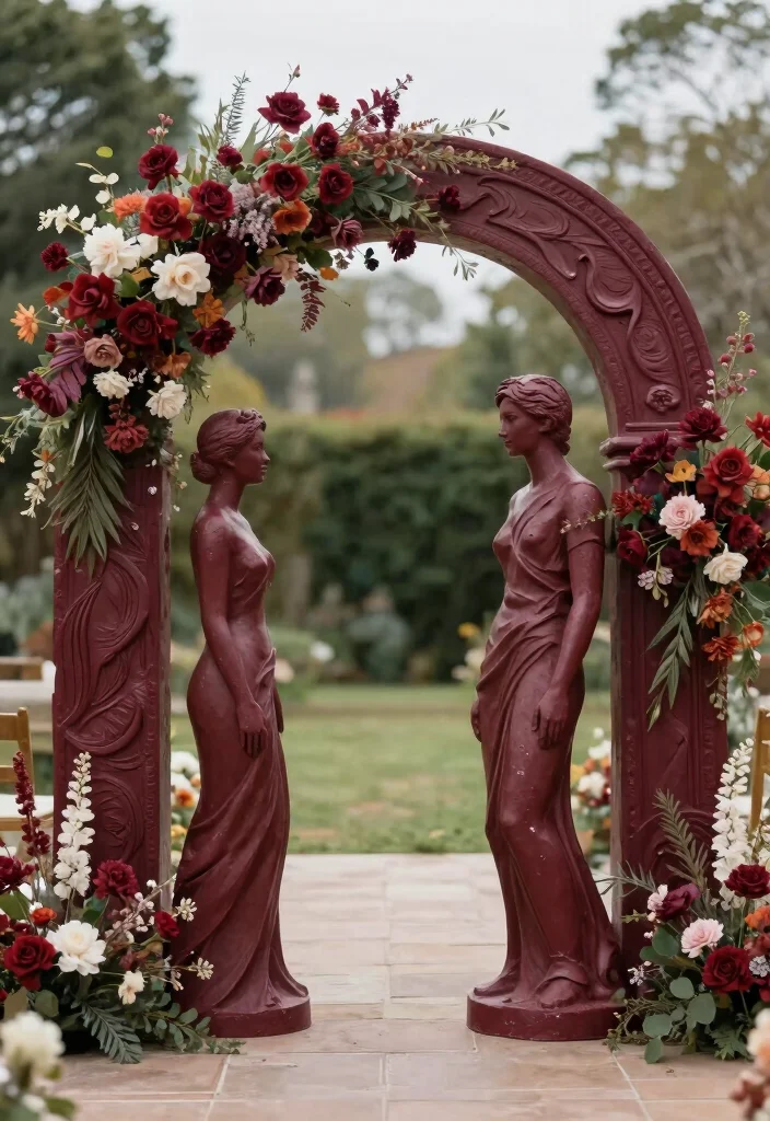 18 Burgundy Wedding Arch Ideas With Rich Romantic Vibes - 11. Artful Installations 1