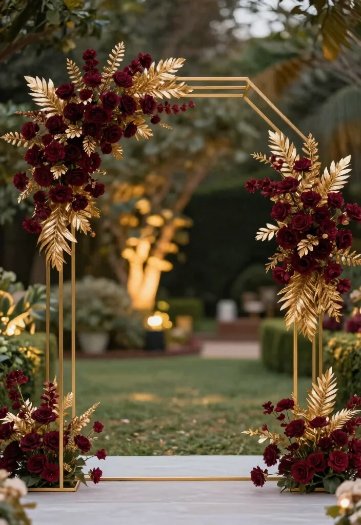 18 Burgundy Wedding Arch Ideas With Rich Romantic Vibes - 4. Glamorous Gold Accents 1