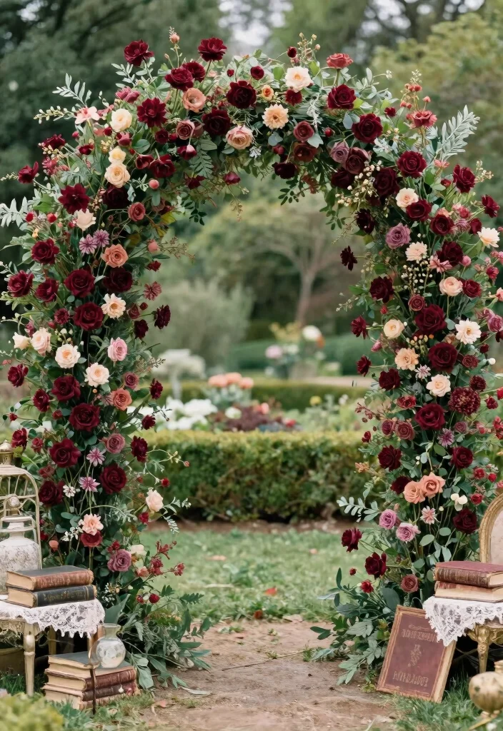 18 Burgundy Wedding Arch Ideas With Rich Romantic Vibes - 5. Vintage Floral Explosion 1