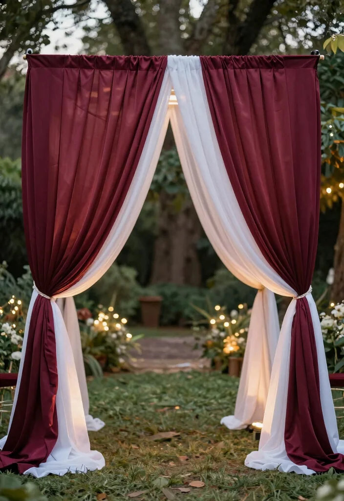 18 Burgundy Wedding Arch Ideas With Rich Romantic Vibes - 6. Whimsical Drapes 1