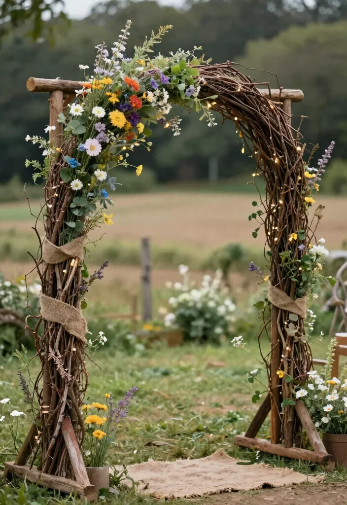 18 Flower Arch Wedding 2026 Trending Ideas With Dreamy Romantic Blooms - 7. Rustic Charm with Twigs and Blooms 1