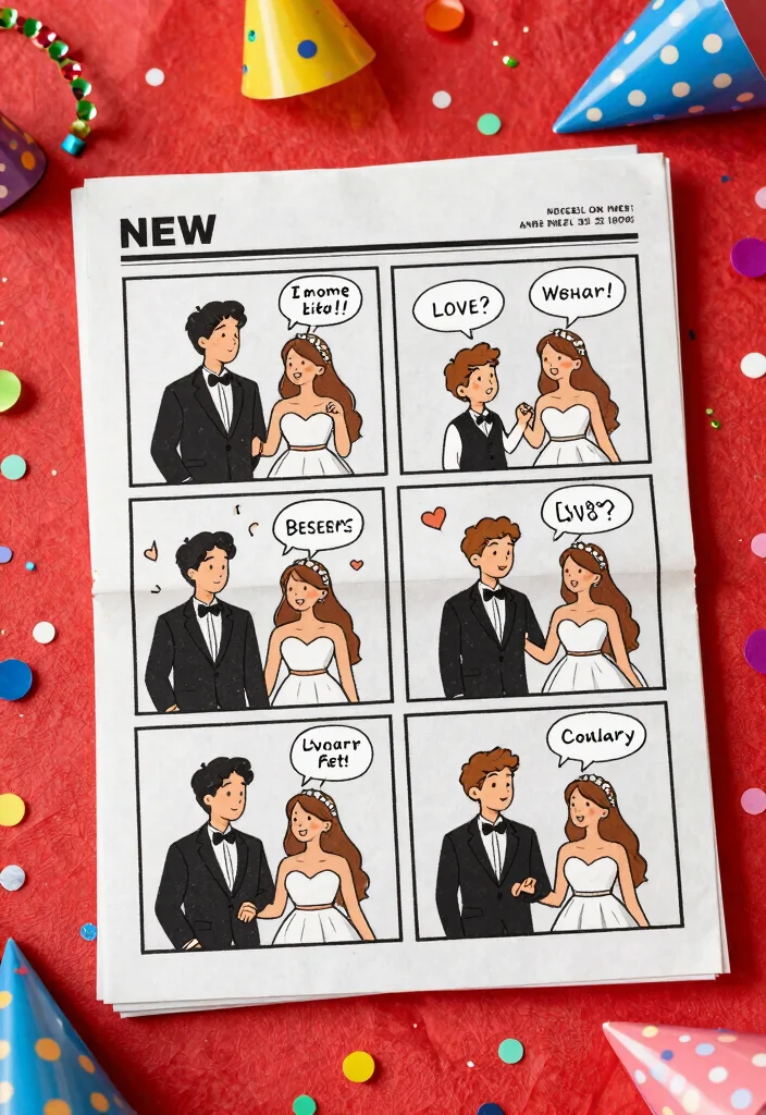 18 Newspaper Wedding Invitations Ideas With Vintage Flair - 12. Whimsical Newspaper Comic Style 1