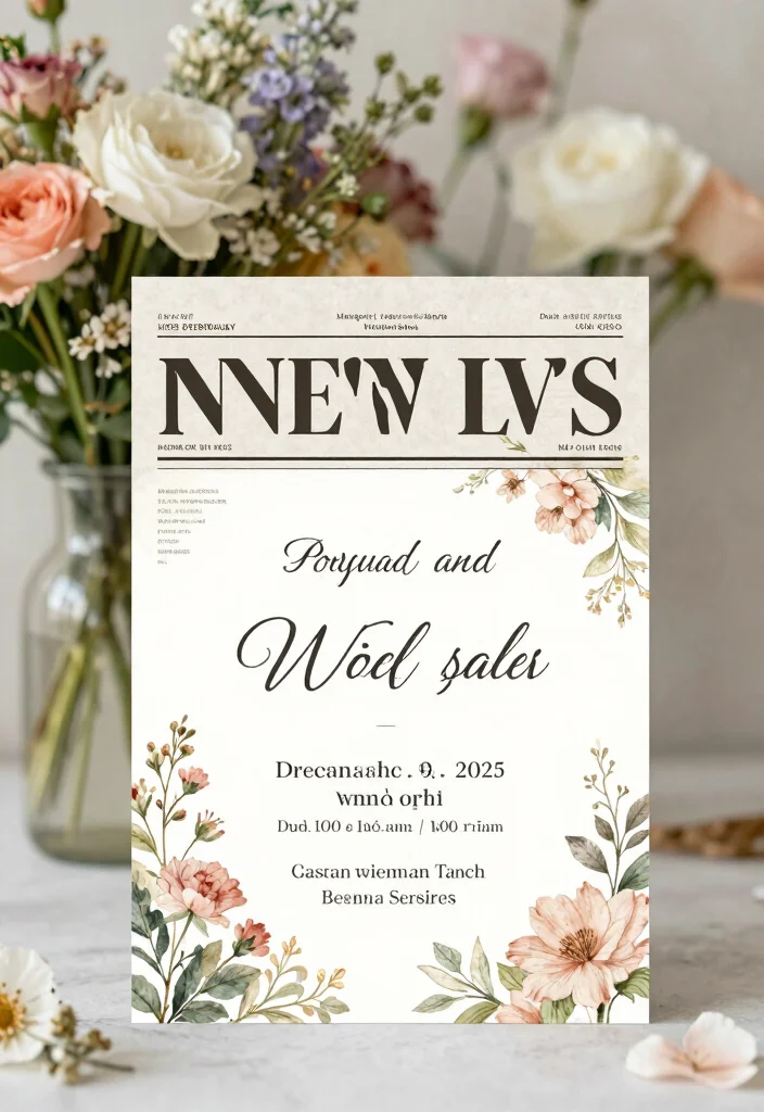 18 Newspaper Wedding Invitations Ideas With Vintage Flair - 14. Vintage Floral Accents in Newspaper Style 1