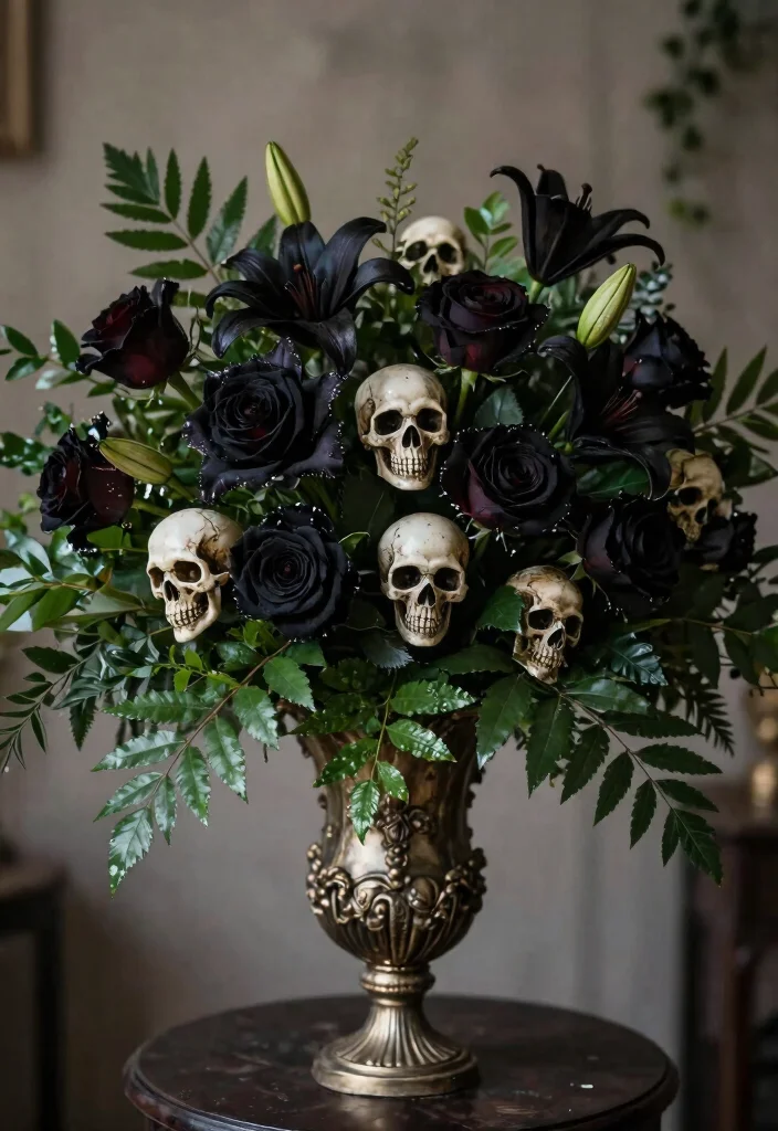 10 Skull Wedding Decorations That Balance Edge and Elegance - 2. Dark Floral Arrangements with Skull Accents 1
