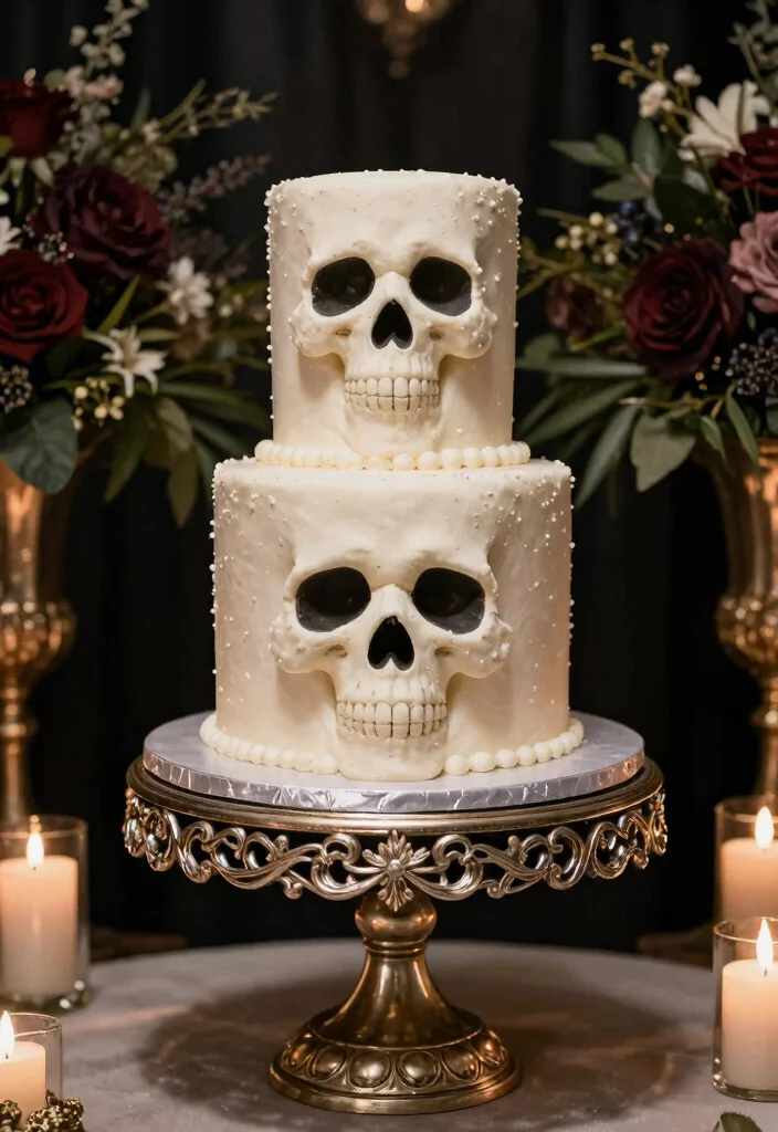 10 Skull Wedding Decorations That Balance Edge and Elegance - 8. Unique Cake Stands with Skull Details 1