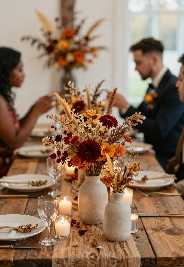 12 Autumn Wedding Table Decor Ideas That Won't Wilt or Brown - 1. Dried Flower Centerpieces 1