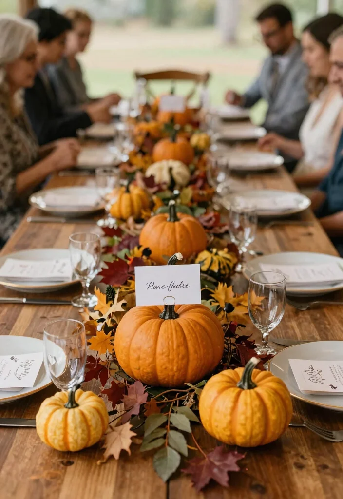 12 Autumn Wedding Table Decor Ideas That Won't Wilt or Brown - 2. Pumpkin Place Card Holders 1