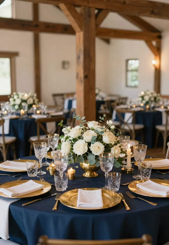12 Navy Wedding Decorations That Pair With Gold Metallics 1 12 Navy Wedding Decorations That Pair With Gold Metallics - 1. Elegant Navy Table Settings 1