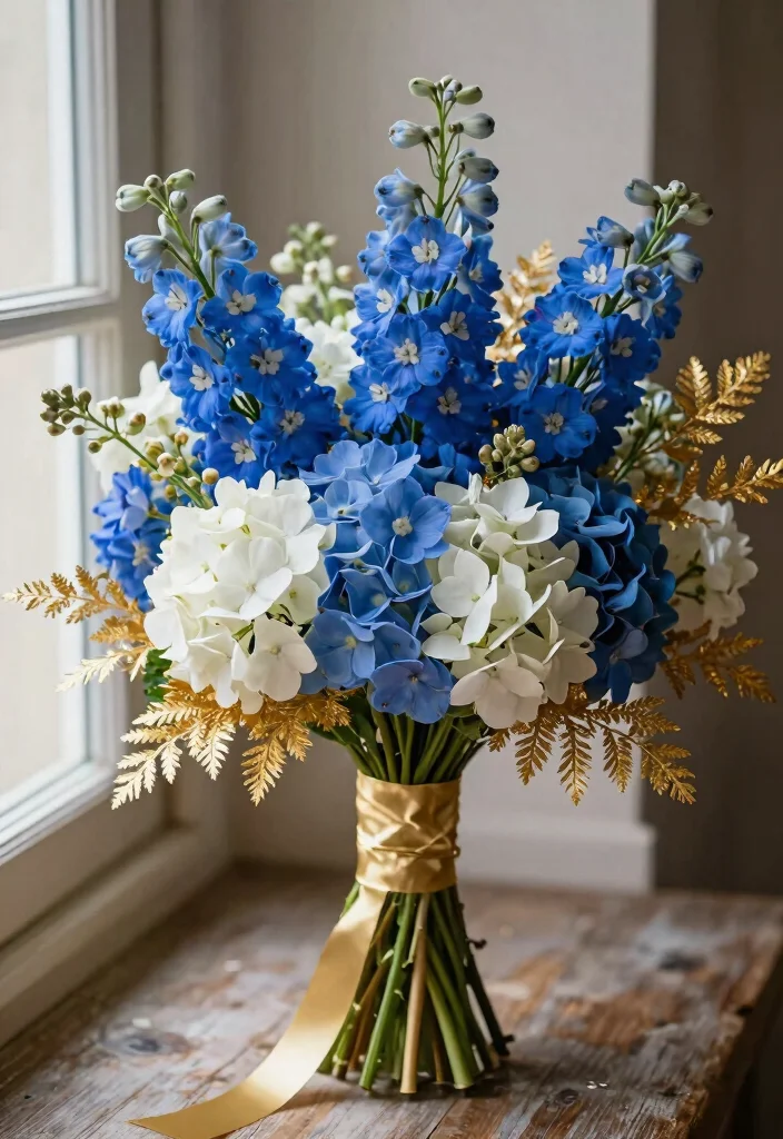 12 Navy Wedding Decorations That Pair With Gold Metallics 13 12 Navy Wedding Decorations That Pair With Gold Metallics - 3. Navy Bouquets with Gold Accents 1