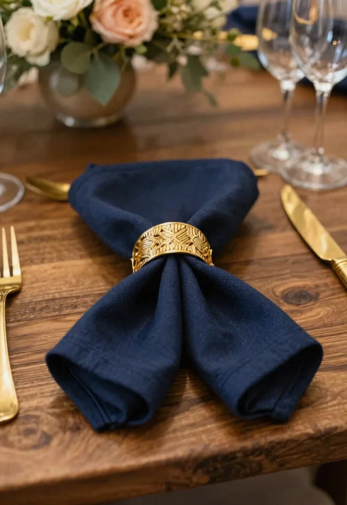12 Navy Wedding Decorations That Pair With Gold Metallics 26 12 Navy Wedding Decorations That Pair With Gold Metallics - 6. Navy Cloth Napkins with Gold Accessories 1