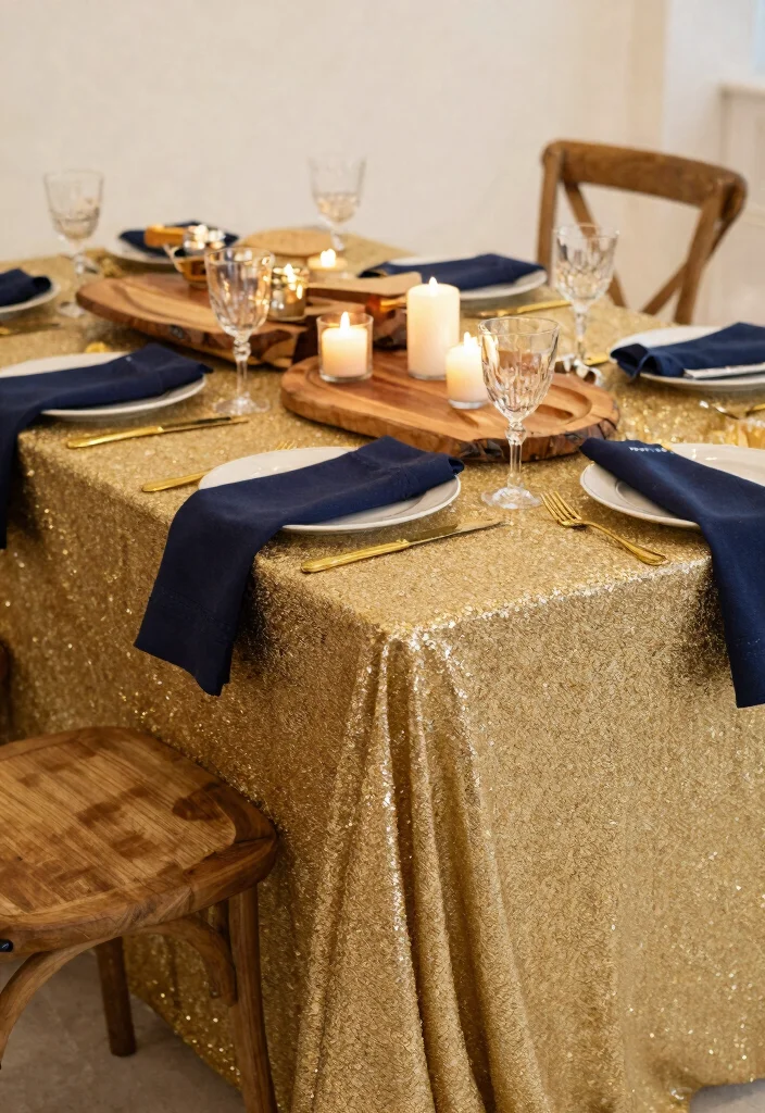 12 Navy Wedding Decorations That Pair With Gold Metallics 49 12 Navy Wedding Decorations That Pair With Gold Metallics - 9. Gold Metallic Linens with Navy Accents 1