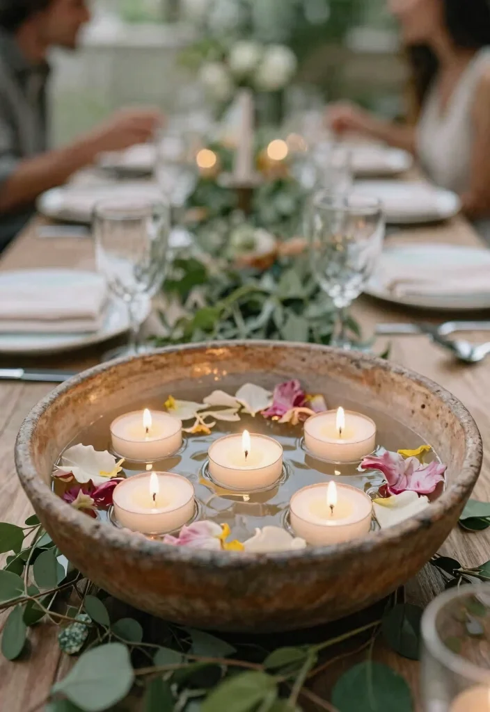 12 Wedding Table Candle Centerpieces That Burn All Night 2 12 Wedding Table Candle Centerpieces That Burn All Night - 2. Floating Candles in Rustic Bowls 1