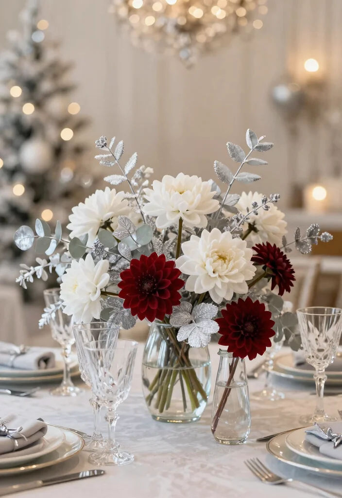 14 Christmas Wedding Table Decor That Stays Elegant Not Tacky - 1. Frosted Floral Arrangements 1
