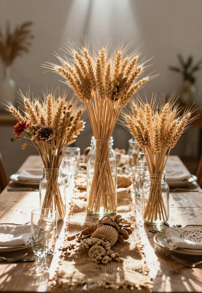 14 DIY Wedding Flowers That Won't Wilt Before Your Vows - 2. Rustic Wheat and Barley Centerpieces 1
