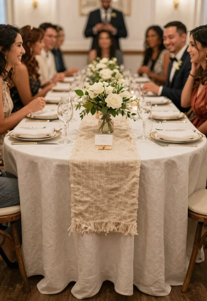 14 Simple Round Wedding Table Decorations That Stay Put All Night - 11. Natural Fabric Runners 1