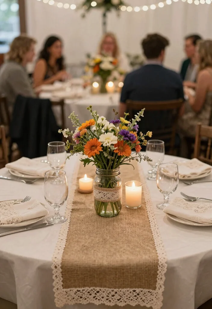14 Simple Round Wedding Table Decorations That Stay Put All Night - 3. Burlap and Lace Accents 1