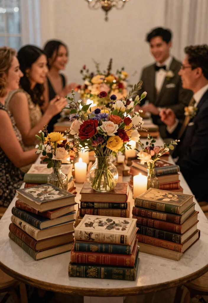 14 Simple Round Wedding Table Decorations That Stay Put All Night - 5. Vintage Book Stack Centerpieces 1
