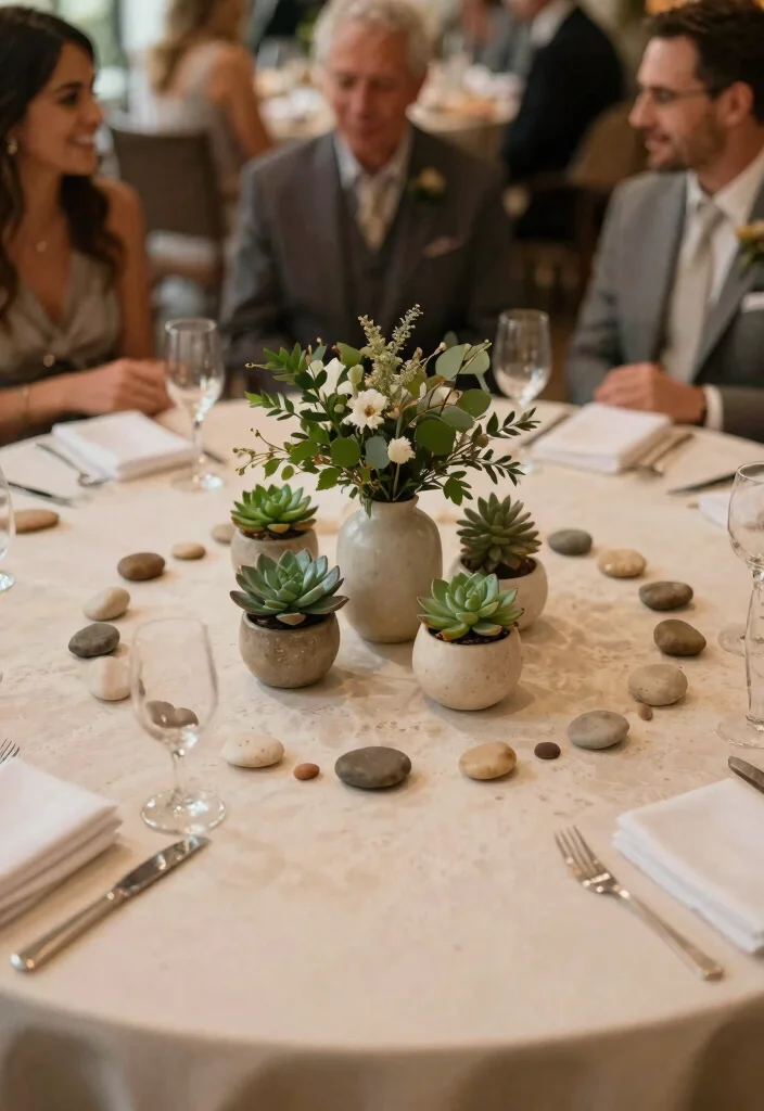 14 Simple Round Wedding Table Decorations That Stay Put All Night - 6. Natural Stone Accents 1