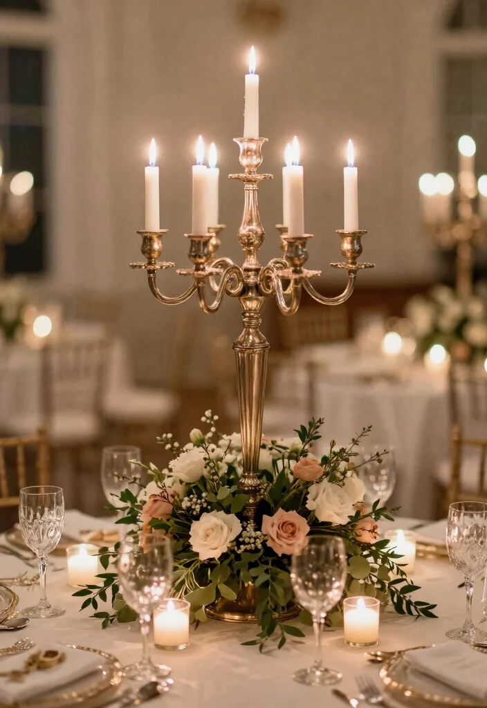 14 Wedding Table Candles That Stay Lit Through the Reception - 13. Candelabra Centerpieces 1