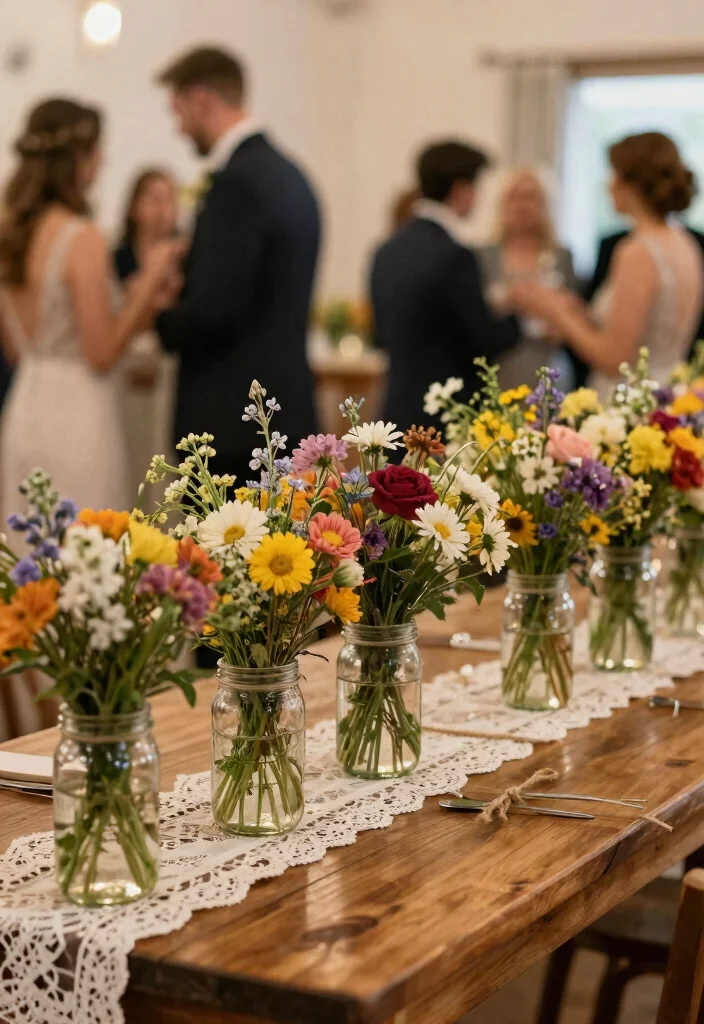 14 Wedding Table Centerpieces That Survive the Last Dance 1 14 Wedding Table Centerpieces That Survive the Last Dance - 1. Repurposed Glass Jars with Wildflowers 1