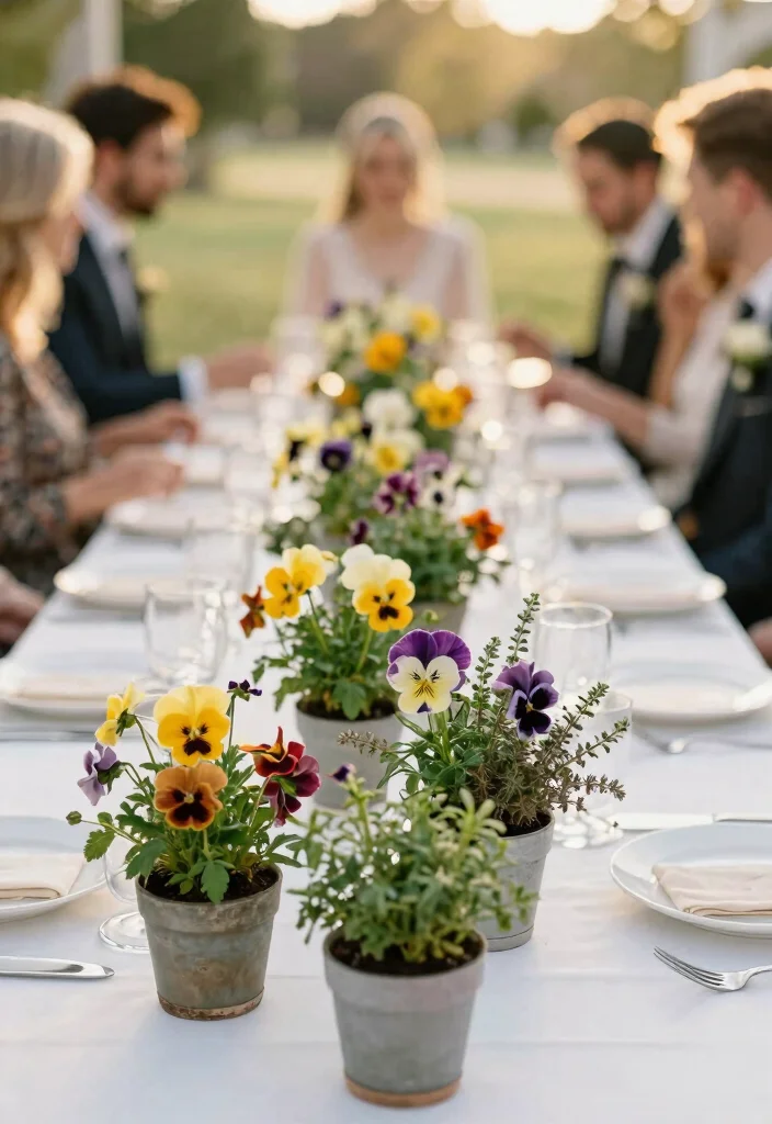 14 Wedding Table Centerpieces That Survive the Last Dance 52 14 Wedding Table Centerpieces That Survive the Last Dance - 12. Pansy and Herb Garden Centerpieces 1
