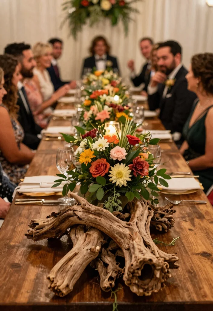 14 Wedding Table Centerpieces That Survive the Last Dance 23 14 Wedding Table Centerpieces That Survive the Last Dance - 3. Driftwood and Floral Arrangements 1