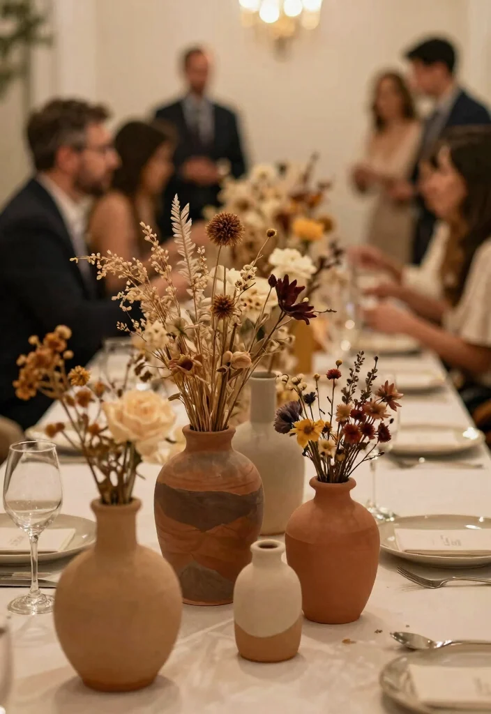 14 Wedding Table Centerpieces That Survive the Last Dance 35 14 Wedding Table Centerpieces That Survive the Last Dance - 5. Handmade Clay Vases with Dried Flowers 1